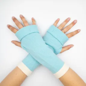 Aqua Cream Trimmed Fingerless Gloves