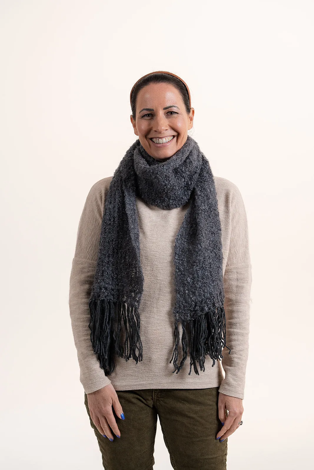 Boucle Mohair Scarf with Tassels - Charcoal