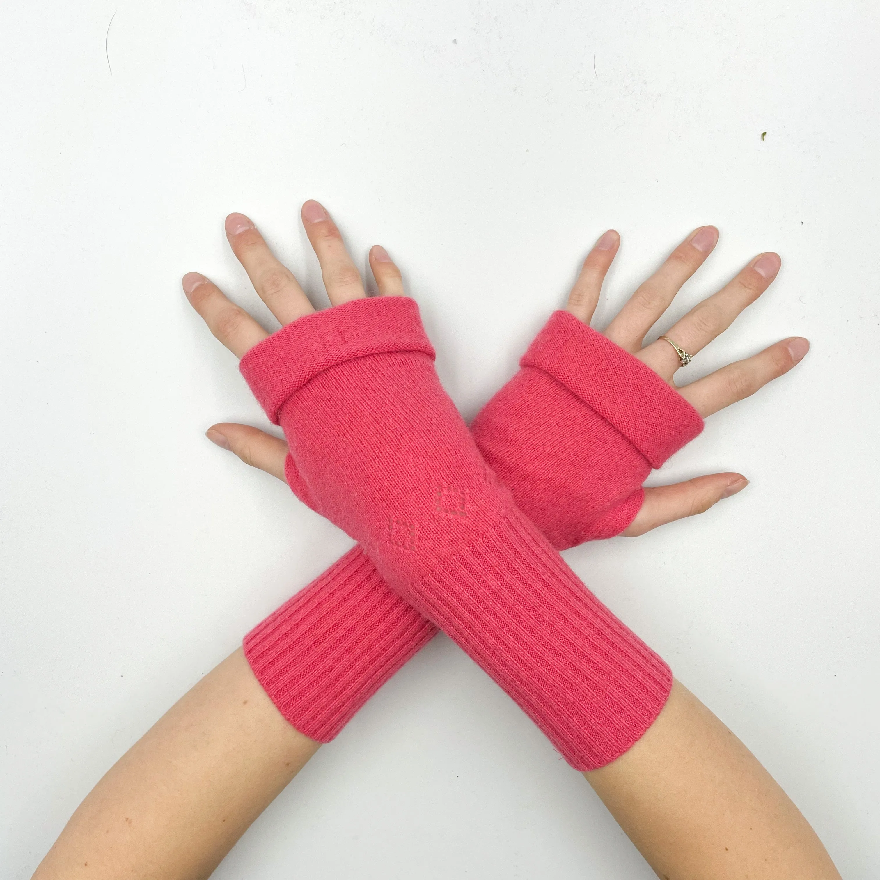 Bright Coral Lace Knit Fingerless Gloves