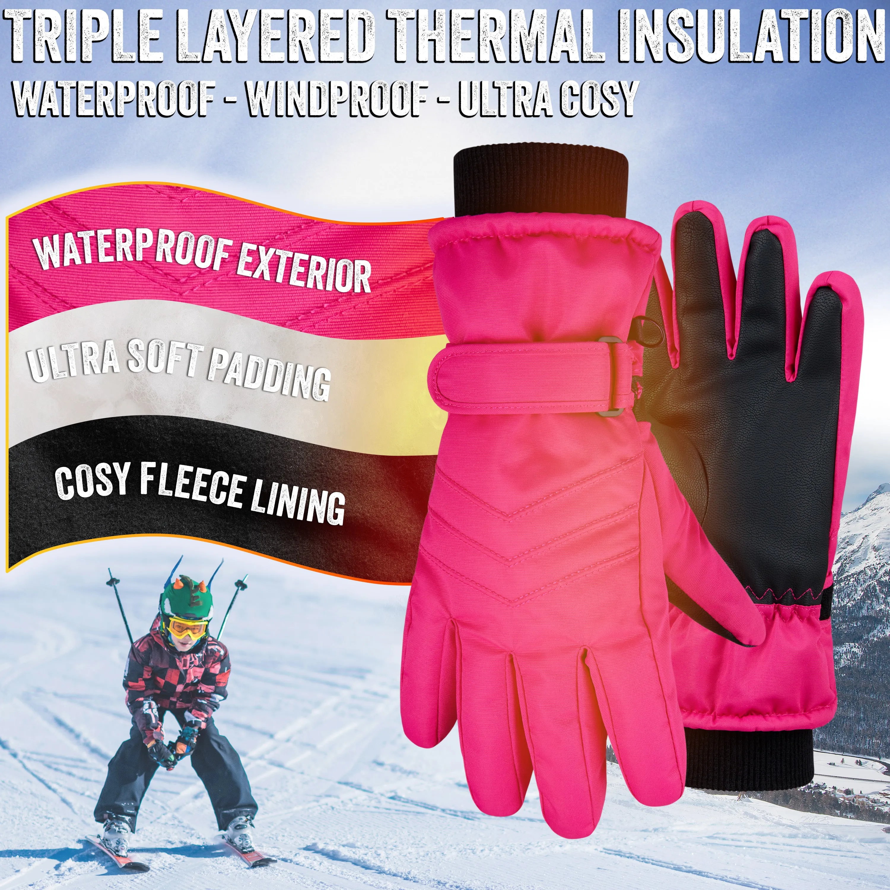 CityComfort Kids Skiing Gloves - Fleece Lined Touch Screen Gloves