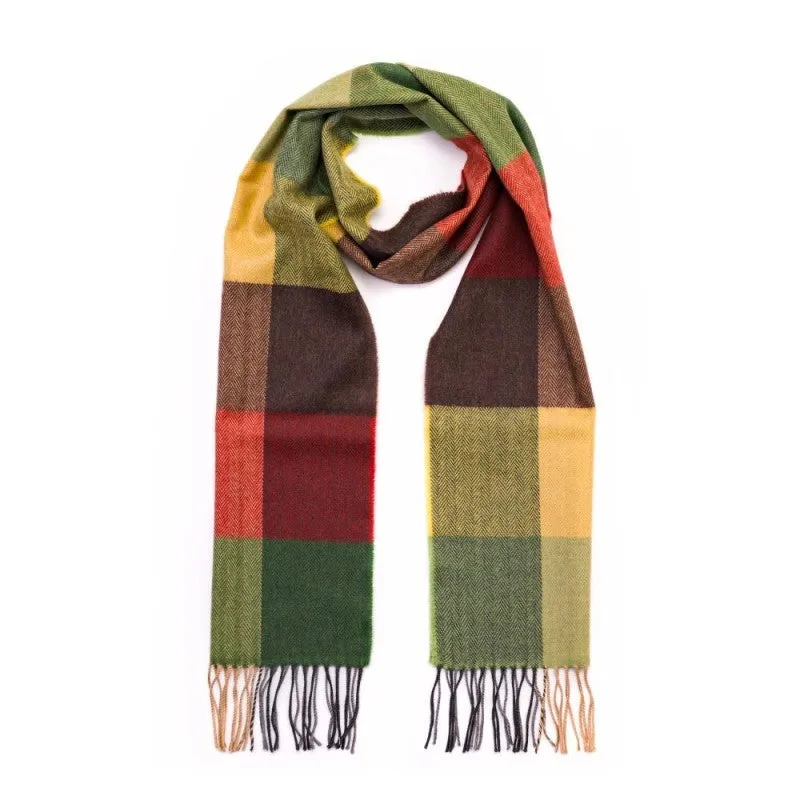 Fine Merino Scarf - Yellow mustard, Green and Brown Block Check - John Hanly