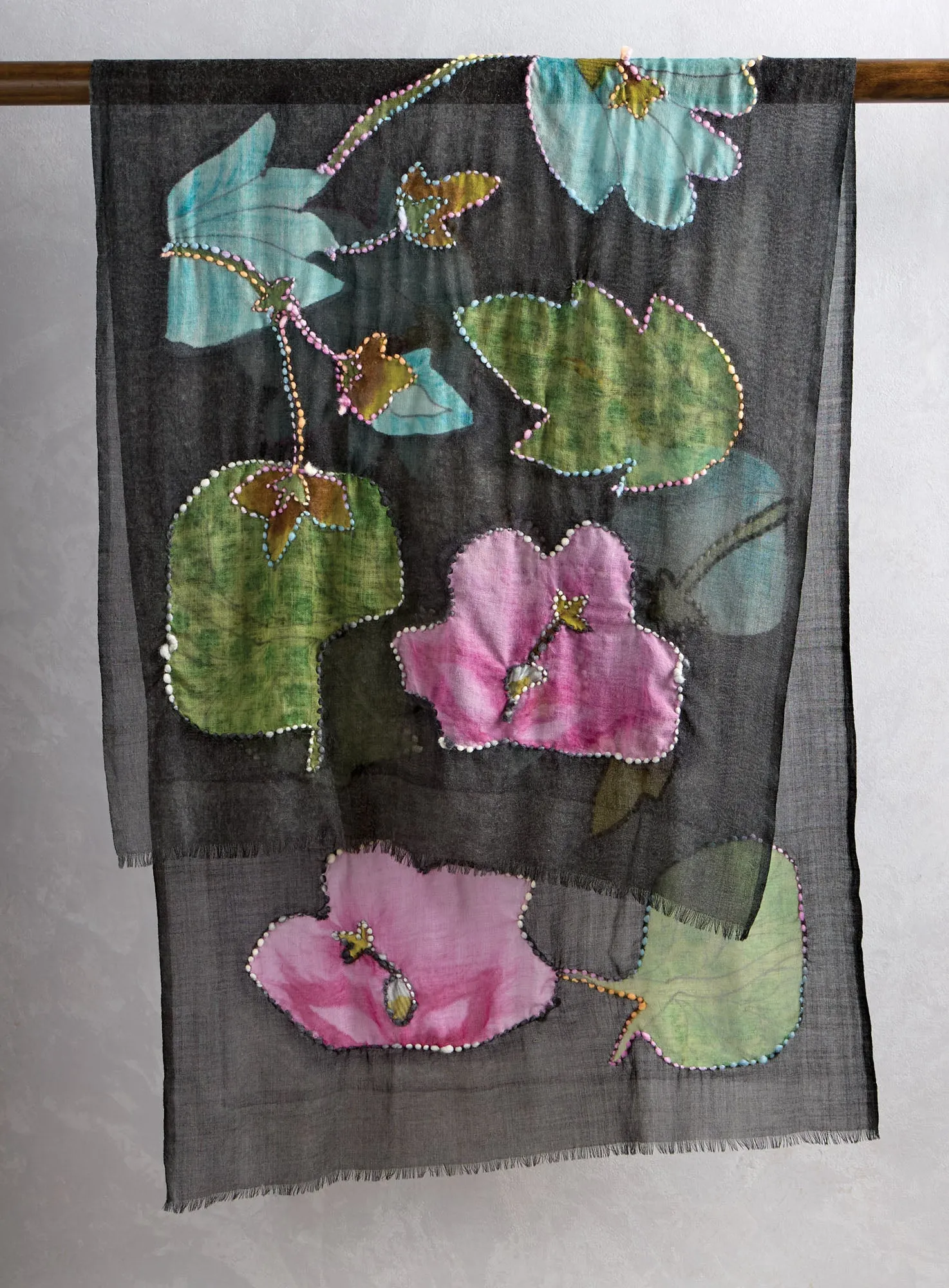 Floral Outline Hand-Embroidered Wool Scarf