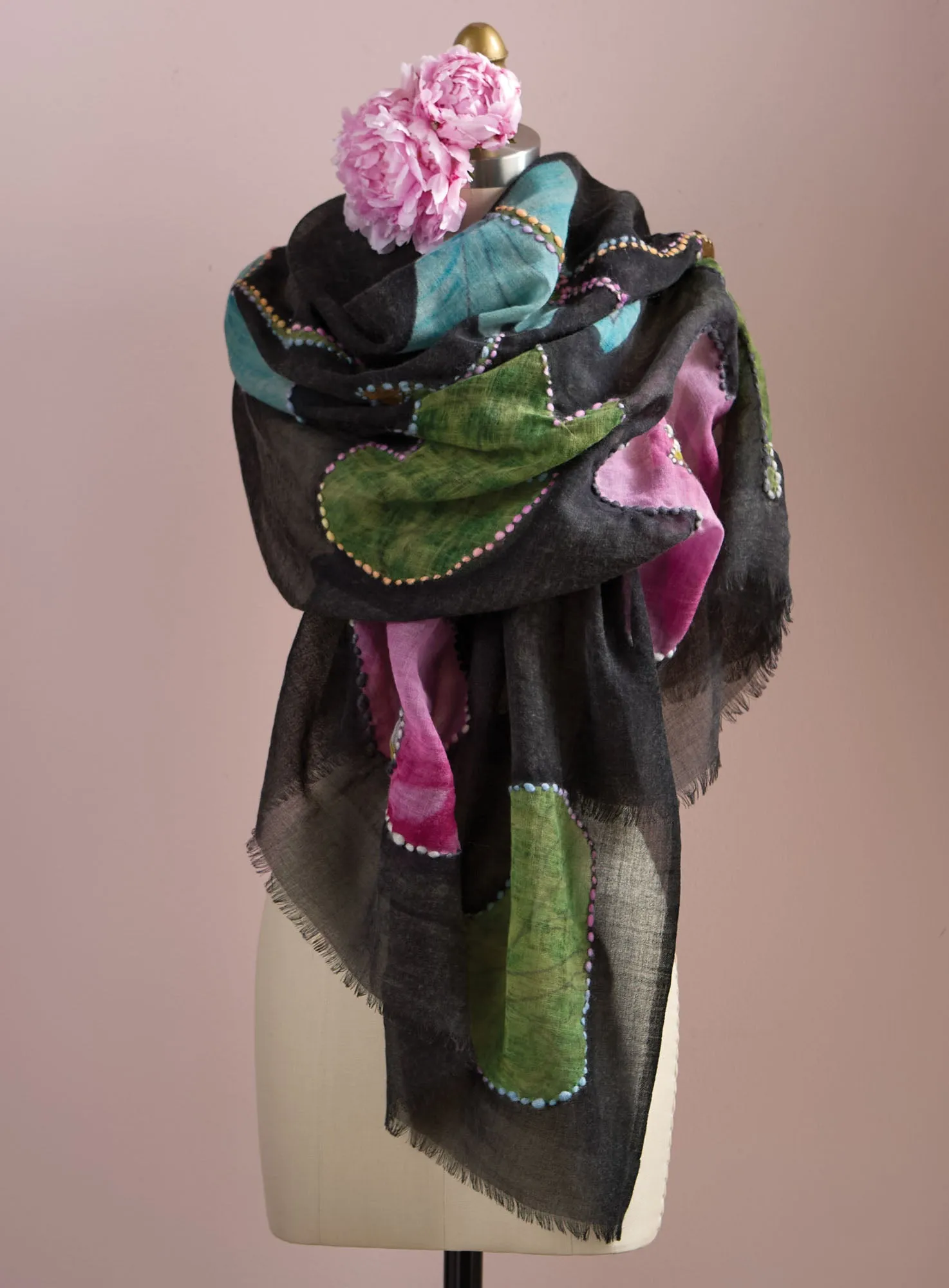 Floral Outline Hand-Embroidered Wool Scarf