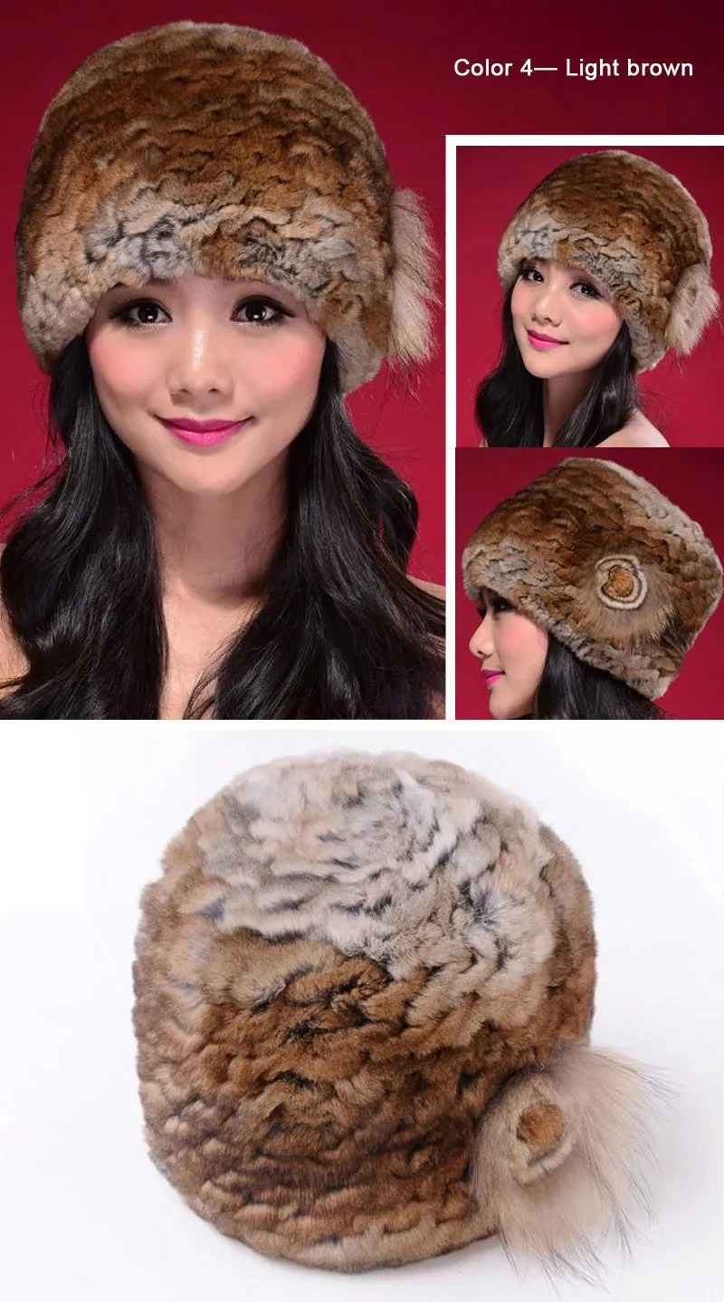 Hat Women Knitted Real Rex Rabbit Fur Hat Fur Cap Thick Beanie Fox Fur Flower Decoration Headgear Headdress Head Warmer Knitted Hats for Women FS14628