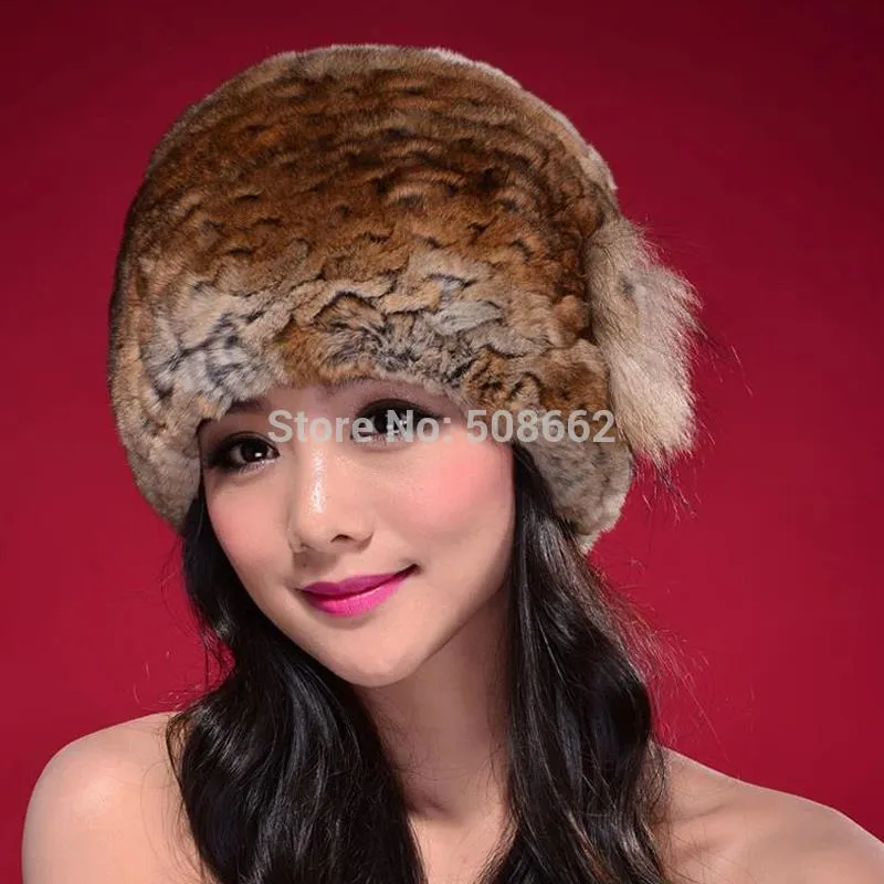 Hat Women Knitted Real Rex Rabbit Fur Hat Fur Cap Thick Beanie Fox Fur Flower Decoration Headgear Headdress Head Warmer Knitted Hats for Women FS14628